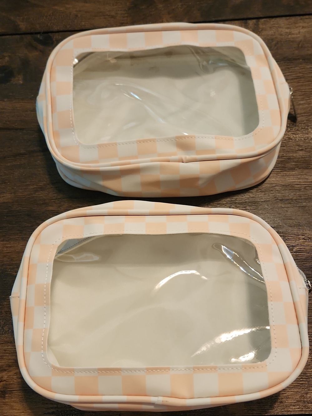 2 pcs Travel/Cosmetic Pouches, peach checkered w/ clear window, easy clean, BN
